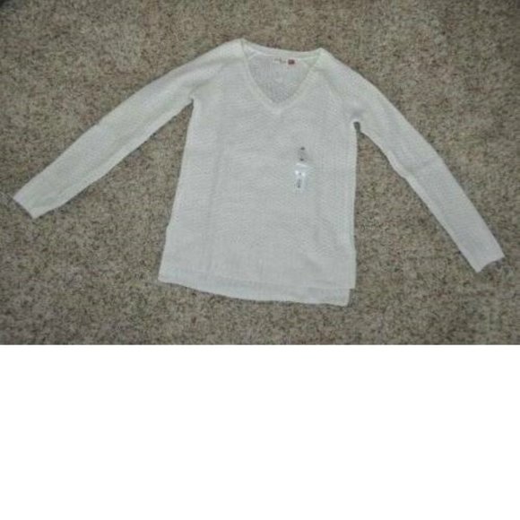 Womens Sweater SO White X-Small V-Neck Long Sleeve Raglan High Low Hem Metallic - Picture 2 of 3